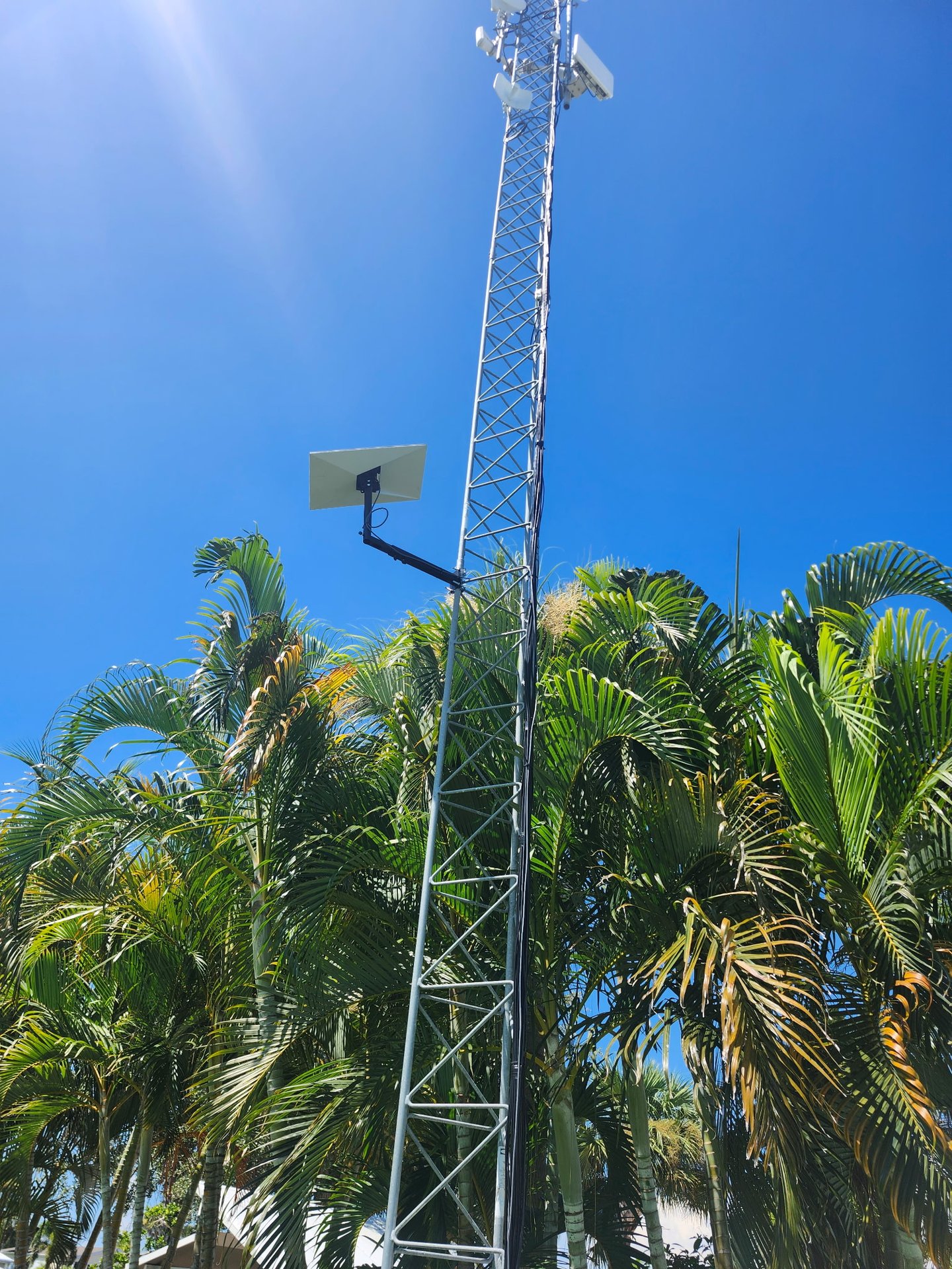 Lattice tower with a Starlink dish mounted on an arm alongside sector and backhaul antennas